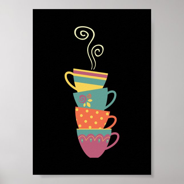 Colorful stacked tea/coffee cups, steaming mugs poster (Front)