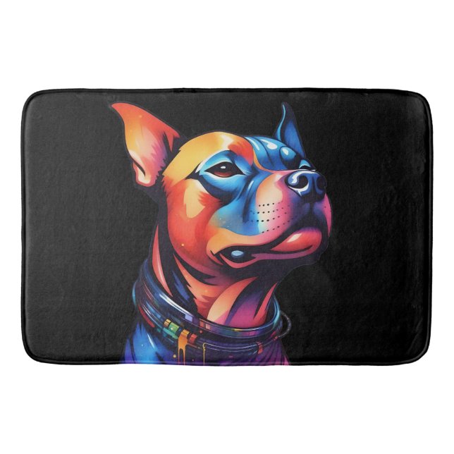 Colorful Staffy Bull Terrier Cyberpunk Design, Bath Mat (Front)