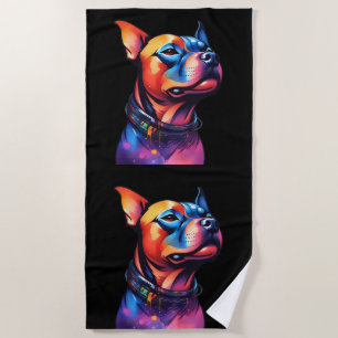 Colorful Staffy Bull Terrier Cyberpunk Design, Beach Towel