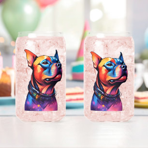 Colorful Staffy Bull Terrier Cyberpunk Design, Can Glass