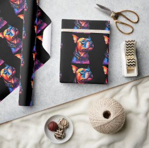 Colorful Staffy Bull Terrier Cyberpunk Design, Wrapping Paper