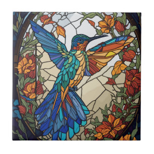 Colorful Stained Glass Artistic Hummingbird Tile