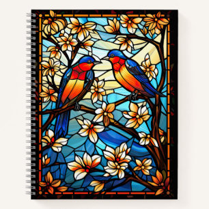 Colorful Stained Glass Birds on Flowering Branches Notebook