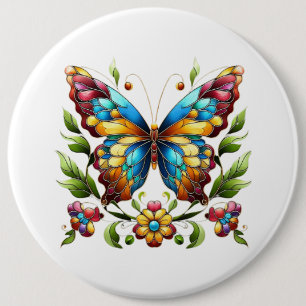 Colorful stained glass butterfly with flowers 6 cm round badge