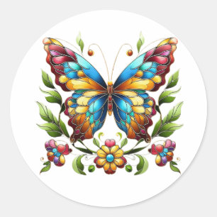 Colorful stained glass butterfly with flowers classic round sticker