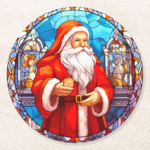 Colorful Stained Glass Christmas Santa Claus Round Paper Coaster