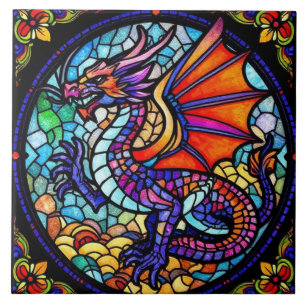 Colorful Stained Glass Dragon Mosaic Tile