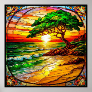 Colorful Stained Glass Sunset Over Beach Poster