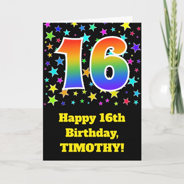 Colorful Stars + Rainbow Pattern "16" Birthday # Card (Front)