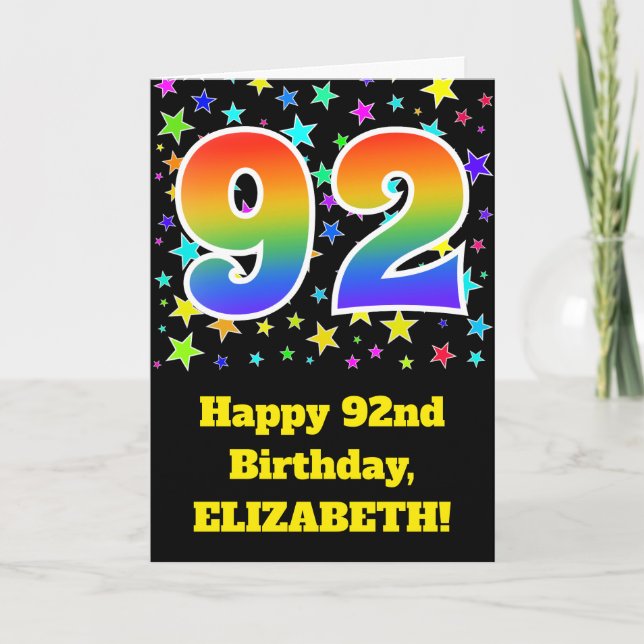 Colorful Stars + Rainbow Pattern "92" Birthday # Card (Front)