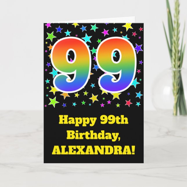 Colorful Stars + Rainbow Pattern "99" Birthday # Card (Front)