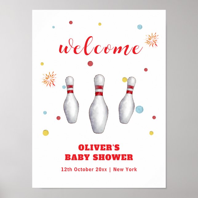 Colorful Strike Up Bowling Baby Shower Welcome Poster (Front)