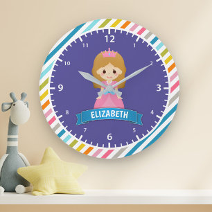 Colorful Stripes Cute Princess Kids Girls Bedroom Large Clock