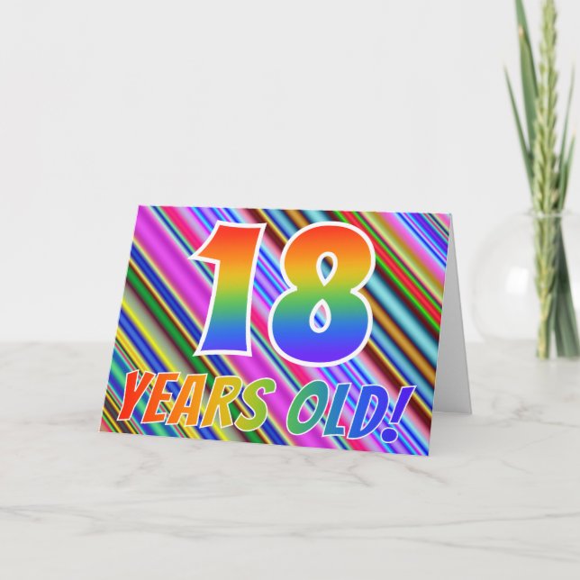 Colorful Stripes + Rainbow Pattern "18 years old!" Card (Front)