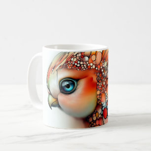colorful, stylized owl or parrot-like bird, create coffee mug