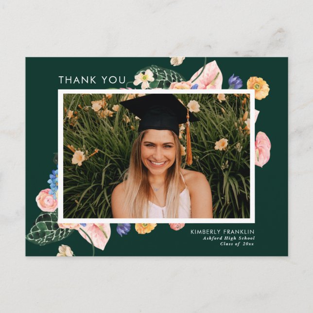 Colorful Summer Floral Graduation Photo Thank You  Postcard (Front)