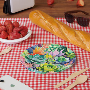Colorful Summer Succulent Botanical Garden Paper Plate