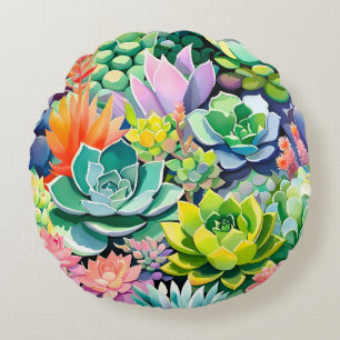 Colorful Summer Succulent Botanical Garden Round Cushion