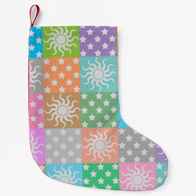 Colorful sun and stars pattern    small christmas stocking (Front)
