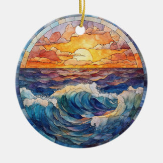 COLORFUL SUNSET OCEAN WAVES STAINED GLASS LOOK CERAMIC TREE DECORATION