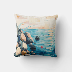 Colorful Sunset Shore Painting with Blue Cushion