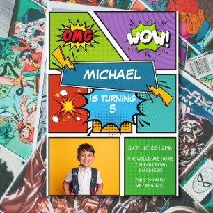 Colorful Superhero Pop Art Birthday Invitation