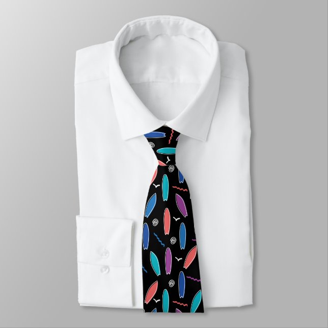 Colorful surfboards doodle party on black pattern tie (Tied)