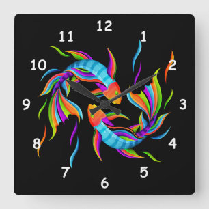 Colorful Swimming Fish or Yin and Yang Symbol Square Wall Clock