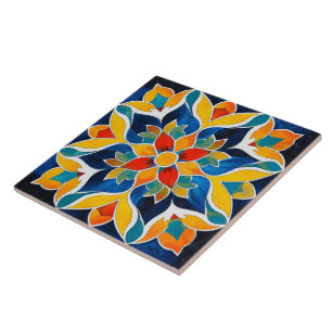 Colorful Symmetrical Floral Style Ceramic Tile. Tile