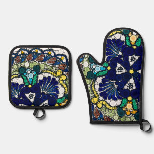 colorful talavera pottery mexican blue photo art  oven mitt & pot holder set