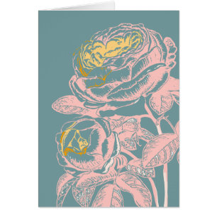 Colorful Teal Vintage Peony Flower Illustration