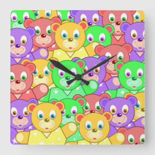 COLORFUL TEDDY BEARS SQUARE WALL CLOCK