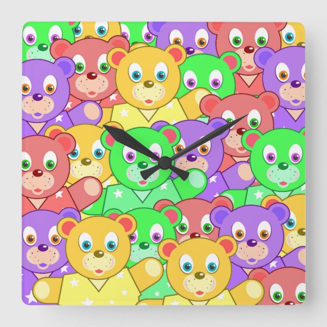 COLORFUL TEDDY BEARS SQUARE WALL CLOCK (Front)