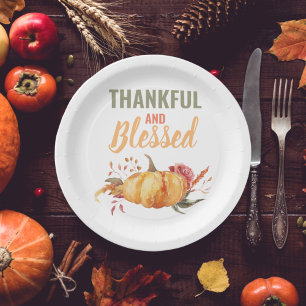 Colorful Thankful And Blessed With Pumpkin Gift Paper Plate