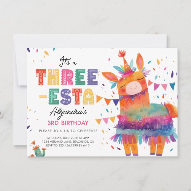 Colorful Three-Esta Mexican Fiesta 3rd Birthday Invitation (Front)