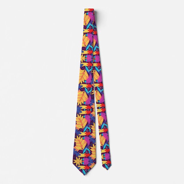 Colorful tie featuring a vibrant tropical design (Front)