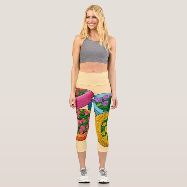 Colorful Tire Planters – Bright Floral Garden Capri Leggings (Front)
