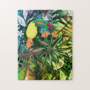 Colorful Toucan and flowers. Jigsaw Puzzle