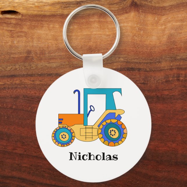Colorful Tractor Personalized Key Ring (Front)