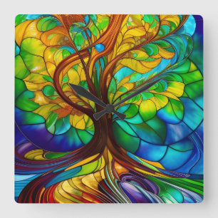 Colorful Tree of Life Stained Glass Look Square Wall Clock