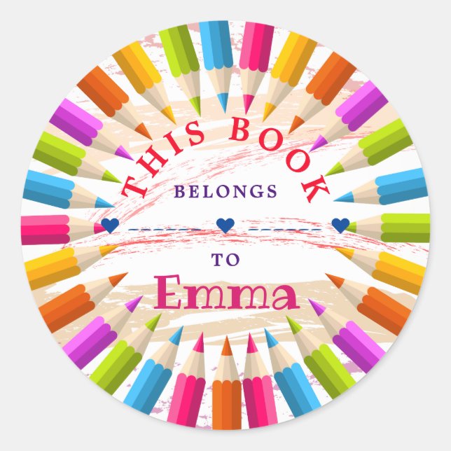 Colorful Trendy Personalised Pencils Bookplate Classic Round Sticker (Front)