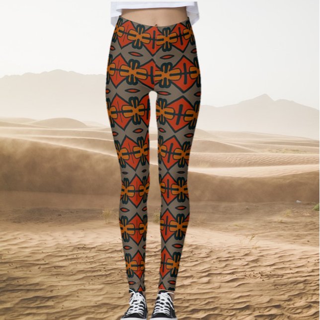 Colorful Tribal Ethnic Orange and Gold Pattern Leggings (Bookmark my store: https://www.zazzle.com/store/capricepetit?rf=238091145531749709)