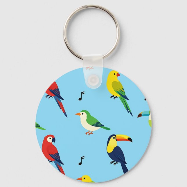 Colorful Tropical Birds Pattern Key Ring (Front)