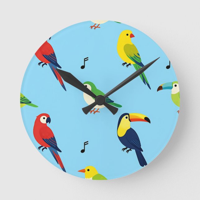 Colorful Tropical Birds Pattern Round Clock (Front)