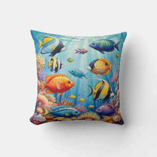 Colorful Tropical Coral Reef Fish Watercolor Cushion