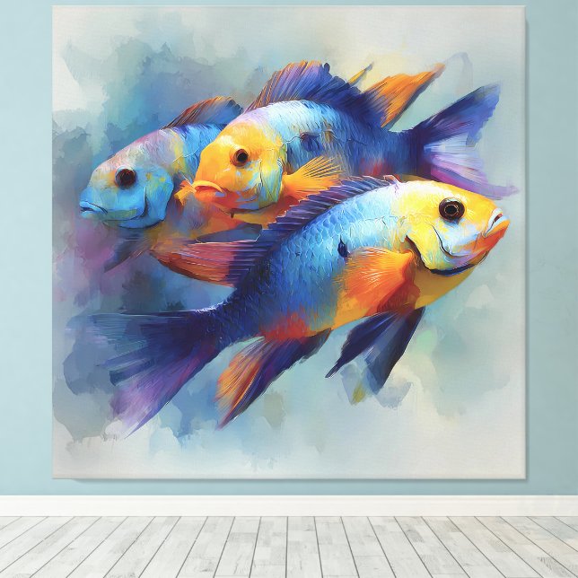 Colorful Tropical Fish Triptych Canvas Wall Art (Insitu(Wood Floor))