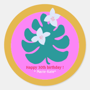 Colorful tropical floral modern name pink classic round sticker