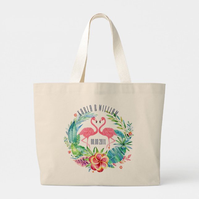 Colorful Tropical Floral Wreath & Flamingos Large Tote Bag (Back)