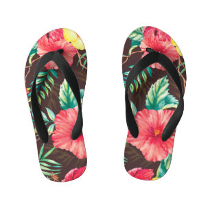 Colorful Tropical Flowers Dark Background Kid's Flip Flops