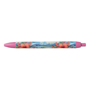 Colorful Tropical Flowers & Landscape Blue Ink Pen
